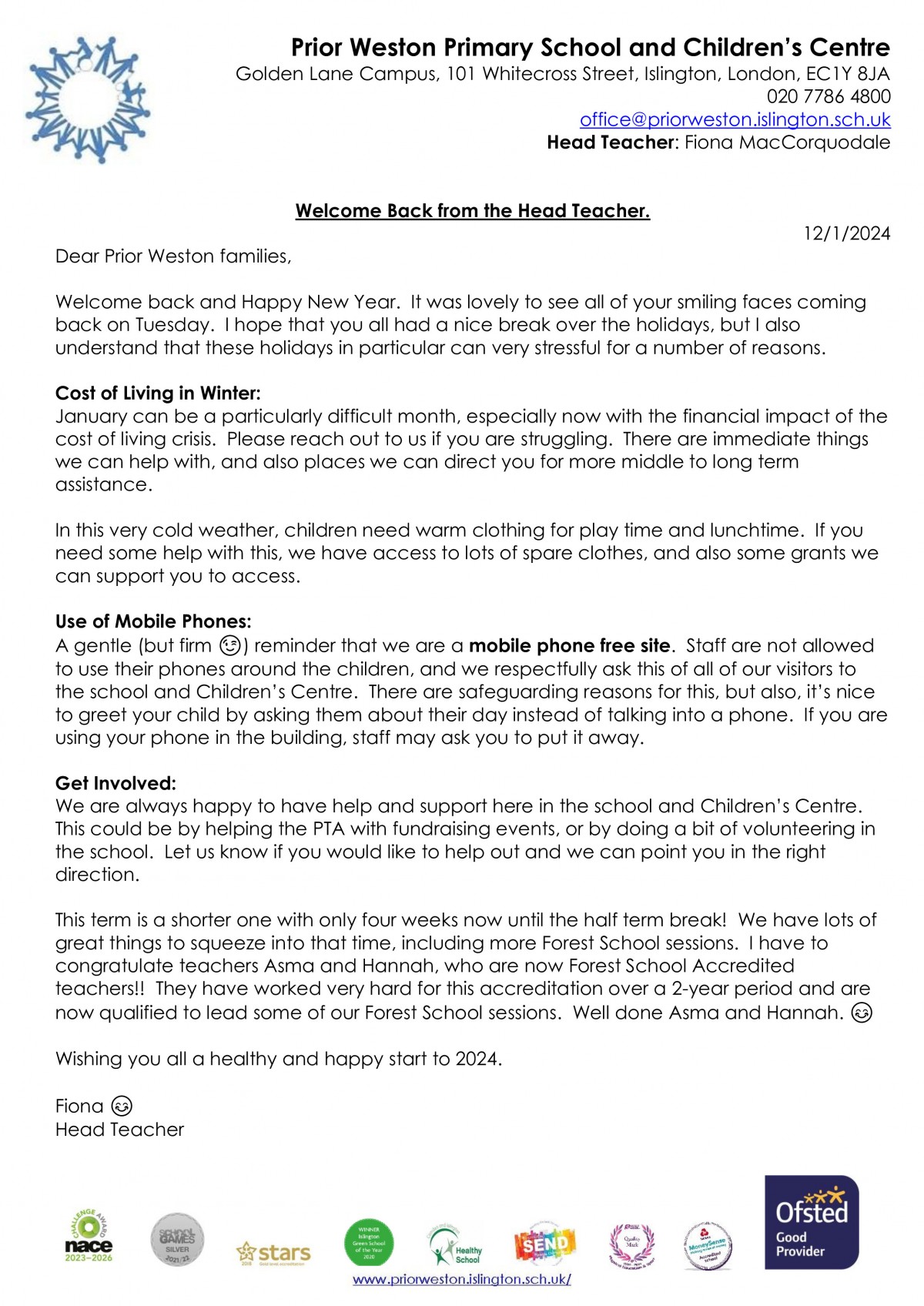 Welcome back- Letter from the Head Teacher - Prior Weston Primary School